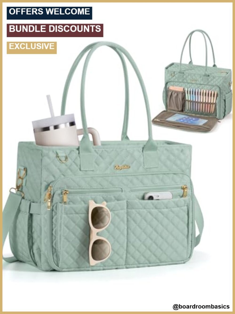 Quilted Tote Bag for Women, 15.6" Laptop Work Bag with Cup Holder & Insulated